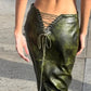Sexy Back Hollow Lace Up Split Long Skirts for Womans Clothing Y2k Style Vintage Green PU Leather Maxi Skirt