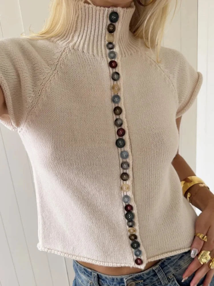 Women Turtleneck Knit Vest Colorful Button Sleeveless Sweater Top Y2K Cropped Knitwear Short Sleeve Cardigan Casual