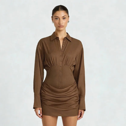 Long Sleeve Mini Shirt Dress Button Down Ruched 2026 Fall Dresses for Woman Elegant