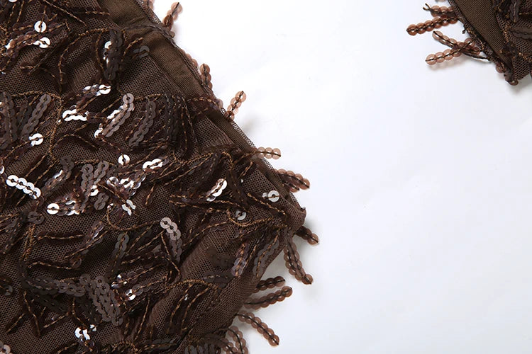 Slim Sequin Tassels 2 Piece Set Women Sexy Swing Collar Tank Tops+Peach Hip Skits Midnight Summer Birthday Party Clubwear