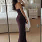 Deep V Neck Backless Slit Maxi Dress Brown 2026 Summer Classic Party Dresses for Woman Elegant