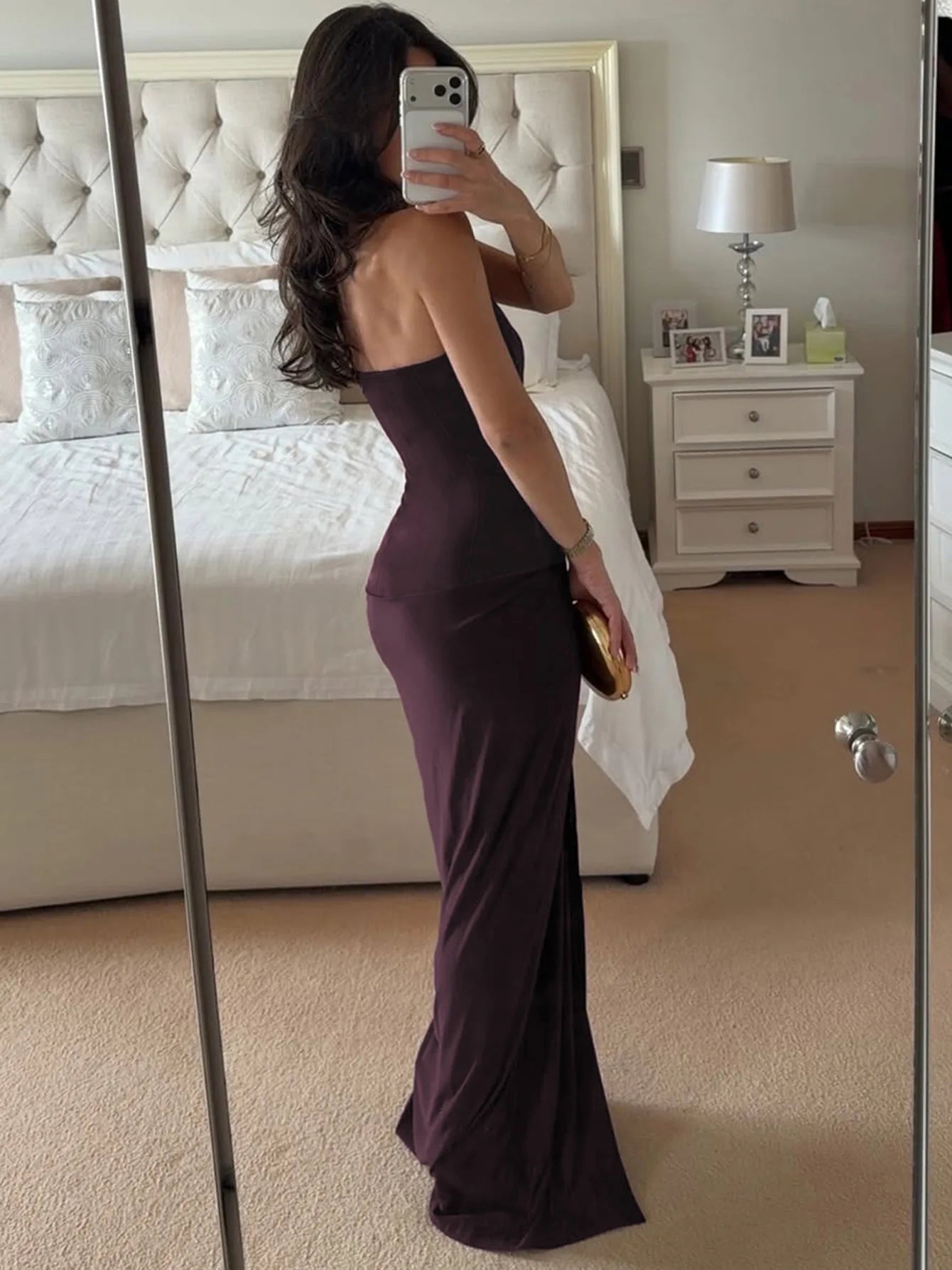 Deep V Neck Backless Slit Maxi Dress Brown 2026 Summer Classic Party Dresses for Woman Elegant