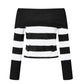 Women Off Shoulder Striped Knit Sweater Long Sleeve Distressed Ripped Hollow Out Loose Pullover Y2K Street Knitted Top