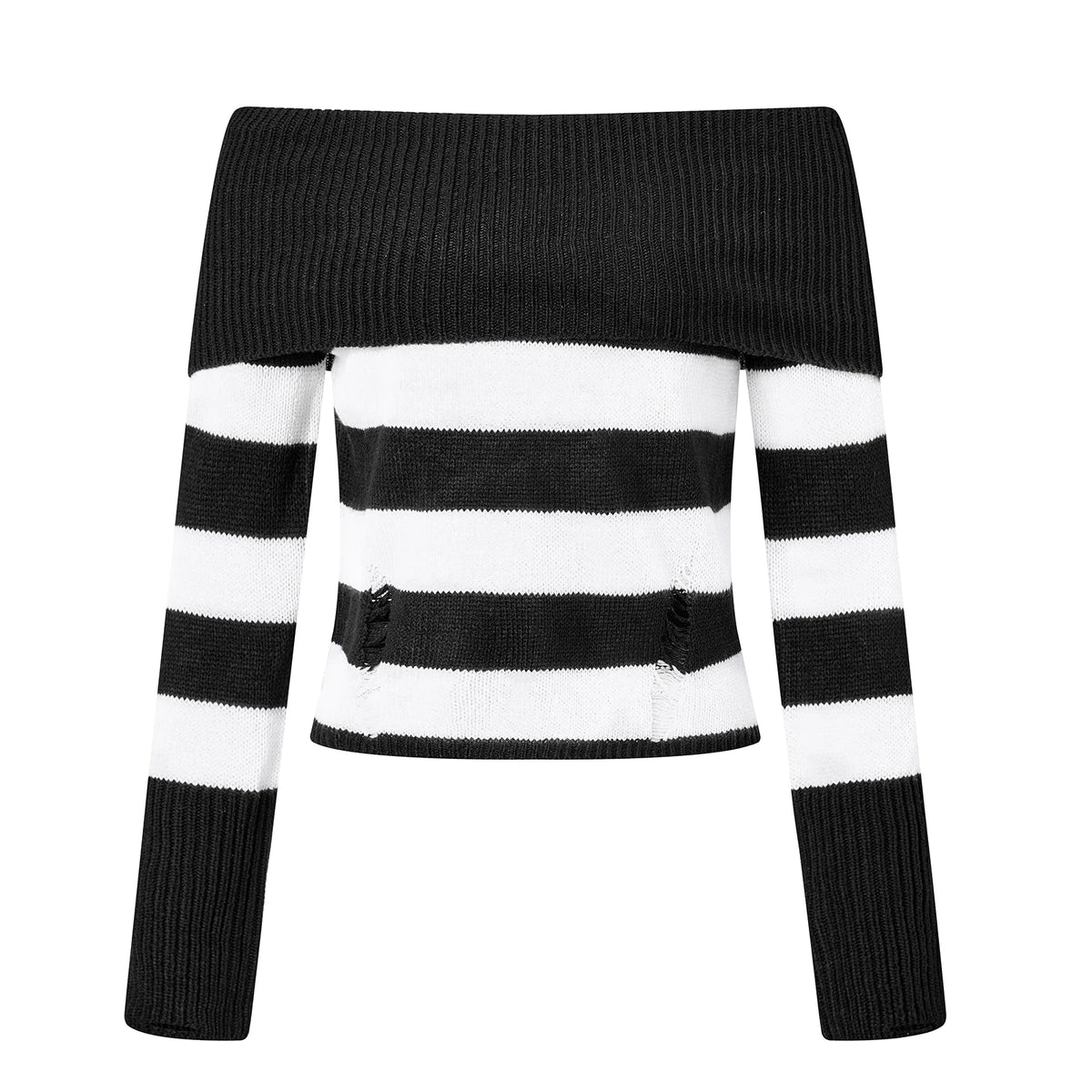 Women Off Shoulder Striped Knit Sweater Long Sleeve Distressed Ripped Hollow Out Loose Pullover Y2K Street Knitted Top