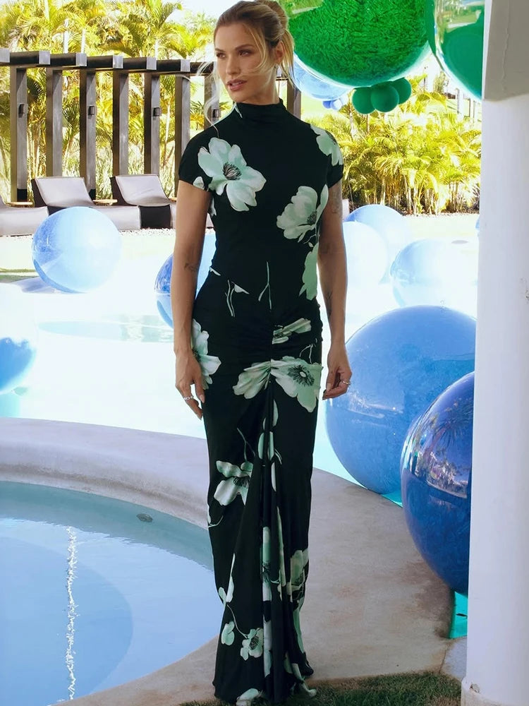 Casual Elegant Long Dress Woman Summer Trend Floral Print o-Neck Short Sleeve Vacation Basic Style High Waist Bodycon