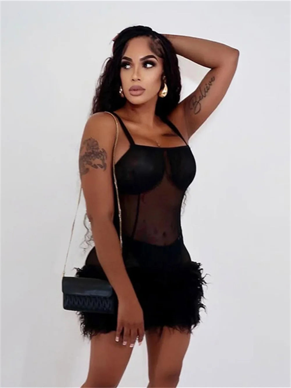 Patchwork Feather Dress Women Sexy Sleeveless Coquette Peach Hip Midnight Party Clubwear Stretch Skinny Mini Bodycon