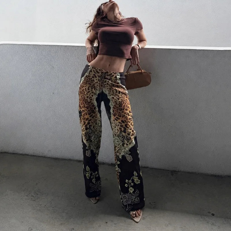 Leopard Floral Print Lace Up Wide Leg Pants Fashion Clothing Trousers for Woman 2026 C78-DZ32
