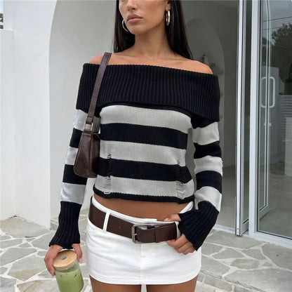 Women Off Shoulder Striped Knit Sweater Long Sleeve Distressed Ripped Hollow Out Loose Pullover Y2K Street Knitted Top