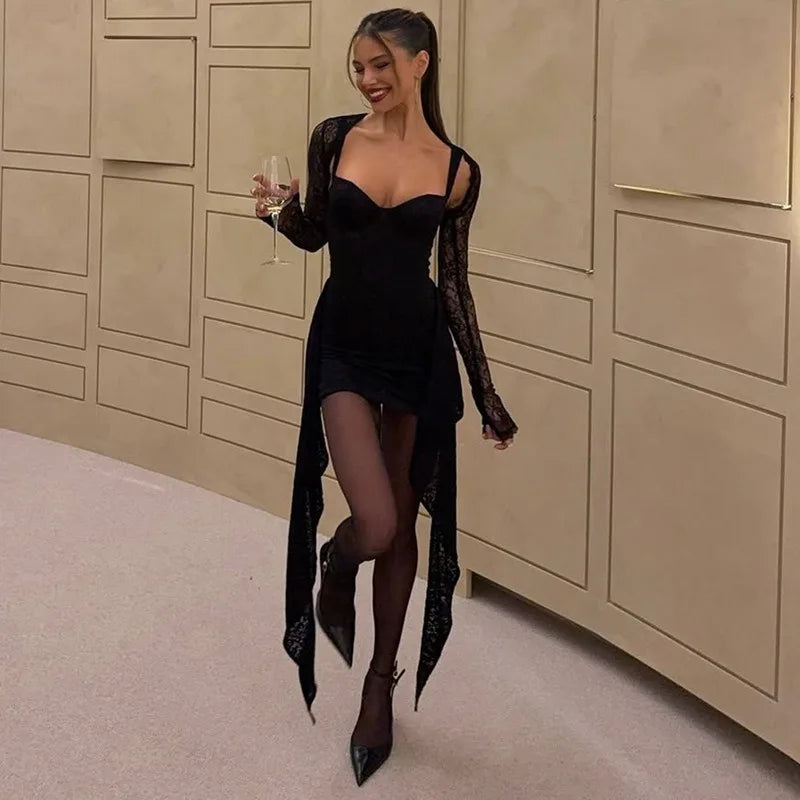 Black Lace Long Sleeve Draped Mini Dress Sexy 2 Piece Set Party Dresses for Woman Club Outfits
