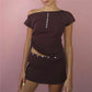 Solid Knit Off Shoulder 2 Piece Set Women Short Sleeve Button Front Crop Top Ruched Mini Skirt Summer Y2K Streetwear