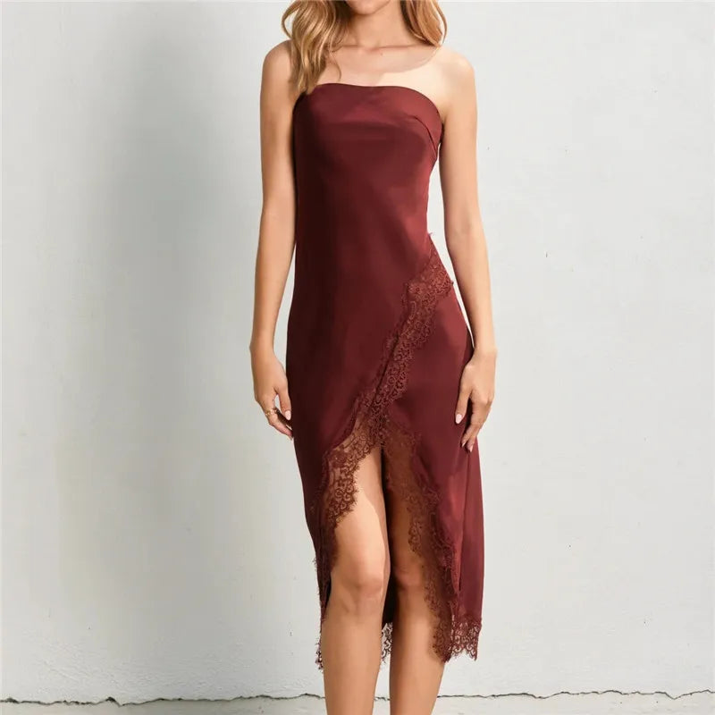 Satin Lace Slip Dress for Women Y2k Backless Asymmetrical Tube Dress Summer Sleeveless Going Out Dresses Party Clubwear