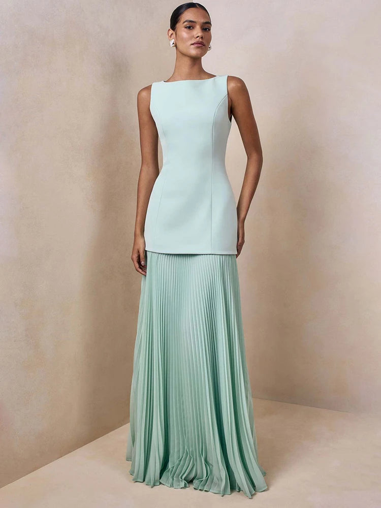 Elegant Two Piece Maxi Dress Women Fashion Boat Neck Sleeveless Bodycon Pleated Club Party Long Dress Female Vestidos
