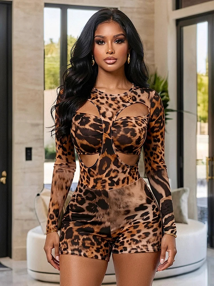 o-Neck Sexy Hollow Leopard Print Fake 2 Piece Design Rompers Woman Autumn Trend Full Sleeve Skinny Peach Hip Playsuit