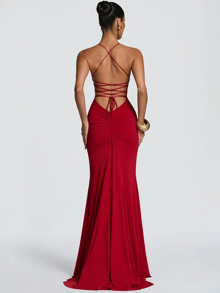 Women Deep V Halter Mermaid Maxi Dress Crisscross Lace Up Backless Long Gown Ruched Bodycon Evening Party Formal Dress