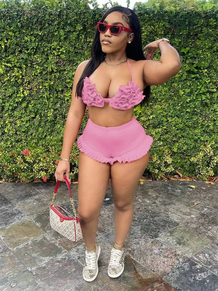 Beach Style 2 Piece Set Women Haltere Backless Ruched Bra+Ruffles Skinny Skirts Vacation Fashion Sexy Hipster Outfits