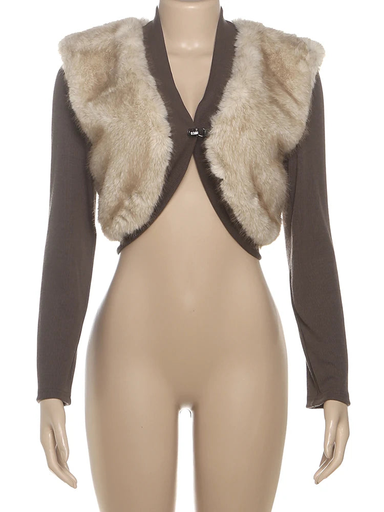 Sexy Fluffy Crop Tops Women Patchwork Single Buckle Casual Streetwear Fall Trend Skinny Casual Elegant Cardigan Coat