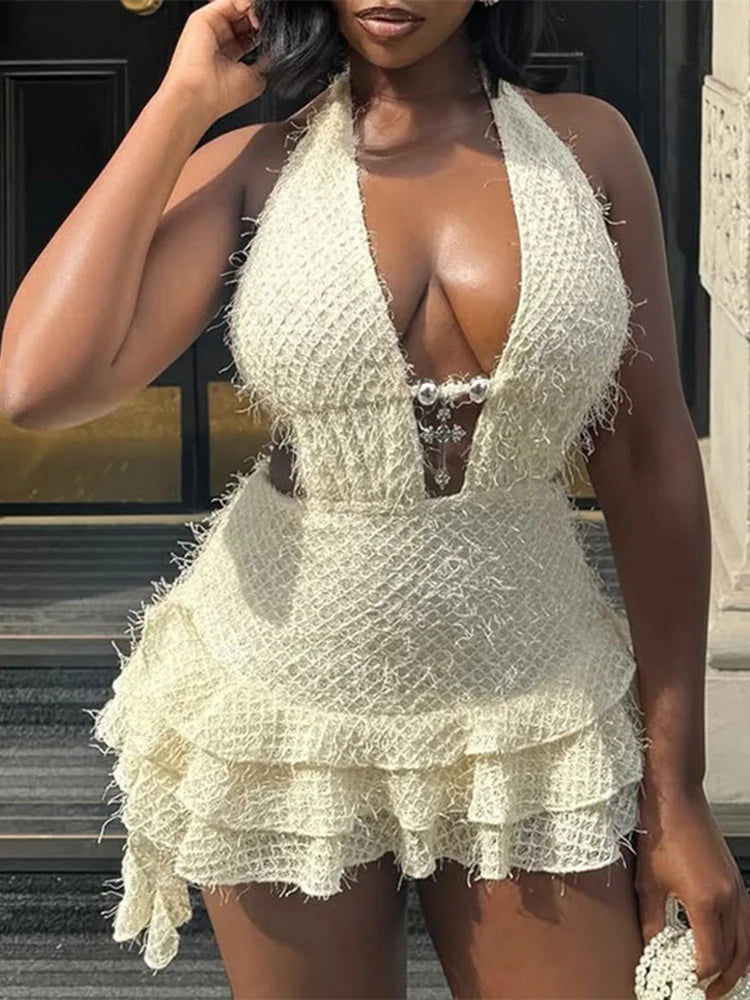 Sexy Backless Mini Dress Women Bandage Halter Low-Neck Sleeveless Puffy Tierred Hem Hottie Street Fashion Outfits