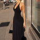 Halter Deep V Neck Sexy Midi Dress Women Elegant Black Sleeveless Backless Ruched Flared Hem Club Party Long Dresses