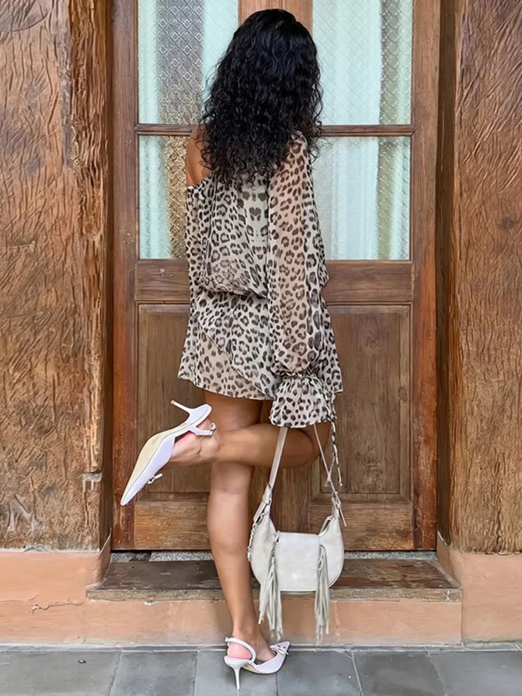 Leopard Print Long Flare Sleeve Sexy Mini Dress Women Elegant Sheer One Shoulder Backless Beach Club Party Dresses