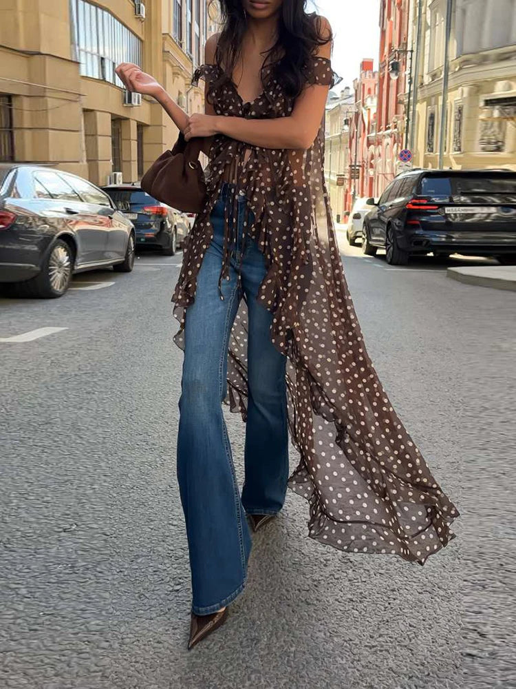 Trend Maxi Mesh Tank Top Women Sexy Polka Dot Print Slash Neck Edge Bandages Patchwork Irregular Hem Chic Streetwear