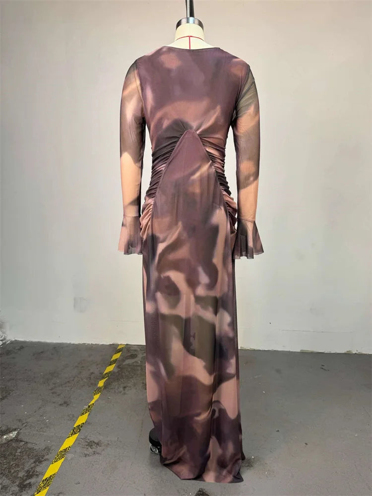 Sexy Tie Dye Dress Women Patchwork Mesh Ruched Flared Long Sleeve Stretch Tight Midnight Party Street Long Bodycon