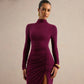 Long Sleeve Mock Neck Midi Dress Side Ruched High Split Fitted Elegant Autumn Dresses 2026
