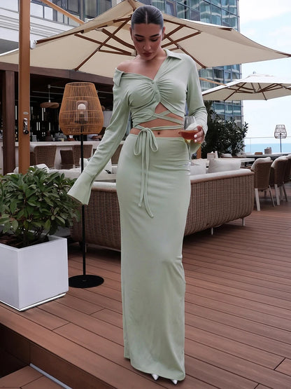 Sexy 2 Piece Set Women Fashion Button Patchwork Cross Bandages Deep V-Neck T-Shirt+Split Skirt Chic Street Party Suit