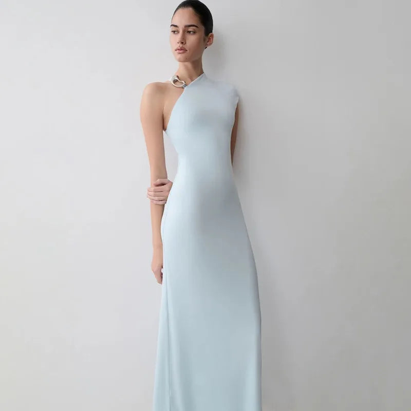 One Shoulder Asymmetric Maxi Dress with Hardware Elegant Black Party Dresses for Woman
