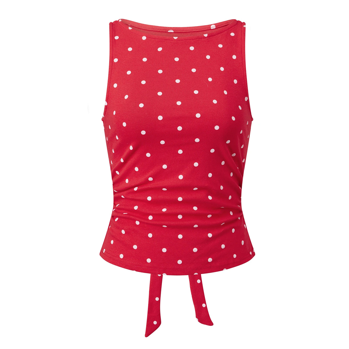 Women's Y2K Polka Dot Sleeveless Tank Top Boat Neck Ruched Side Back Tie Knot Cropped Blouse Casual Summer Streetwear