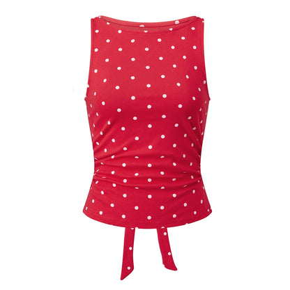 Women's Y2K Polka Dot Sleeveless Tank Top Boat Neck Ruched Side Back Tie Knot Cropped Blouse Casual Summer Streetwear