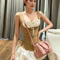 Patchwork 2-Piece Set Women Bandage Low-Neck Fake Fish Bone Belt Decoration Vest+Puffy Hem Skirt Fashion Sweet Suit
