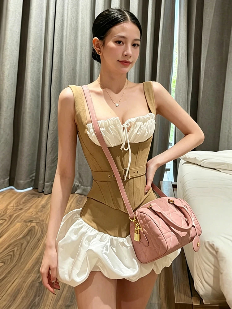 Patchwork 2-Piece Set Women Bandage Low-Neck Fake Fish Bone Belt Decoration Vest+Puffy Hem Skirt Fashion Sweet Suit