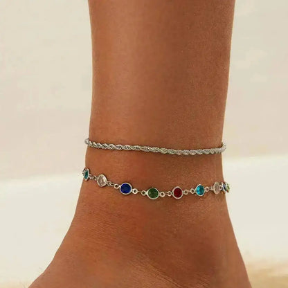 Y2K Boho Colorful Crystal Chain Anklet for Women Summer Beach Trendy Exquisite Barefoot Ankle Bracelet Leg Jewelry Gift