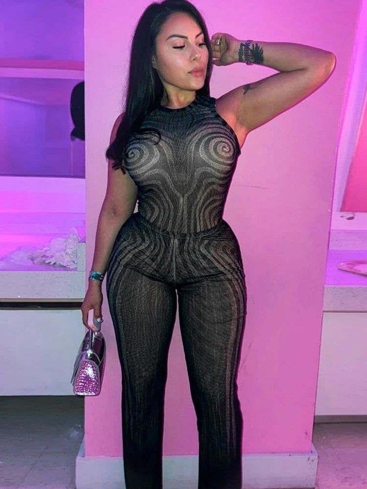 Geometric Print Patchwork 2 Piece Set Women o-Neck Skinny Bodysuit+Wide-leg Trousers Midnight Club Party Sexy Outfits