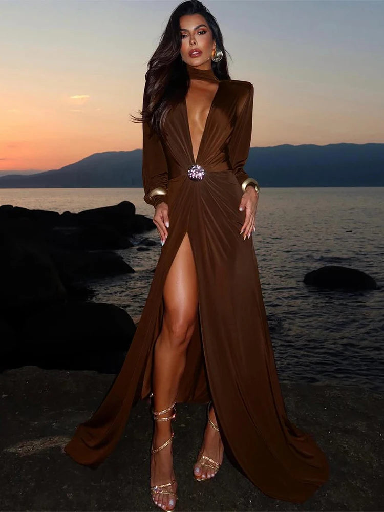 Chic Metal Pin Maxi Dress Women Sexy Split Deep V-Neck Long Sleeve Elegant Simple Evening Skinny Stretch Long Bodycon