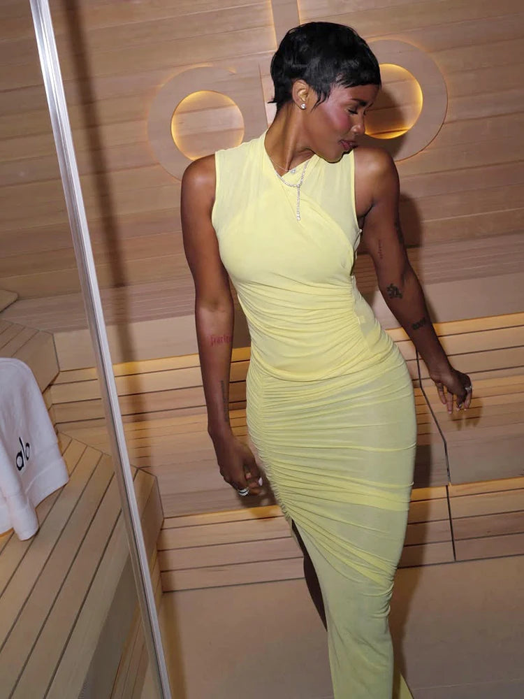 Mesh Patchwork 2 Piece Set Woman Folds V-Neck Sleeveless Shape Waist Tops+Irregular Hem Long Skirts Sexy Fashion Suit