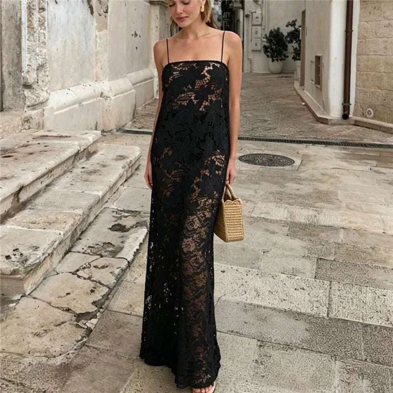 Spaghetti Strap Floral Lace Maxi Dress Women Sheer See Through Long Sundress Beach Cover Up Summer Vacation Party