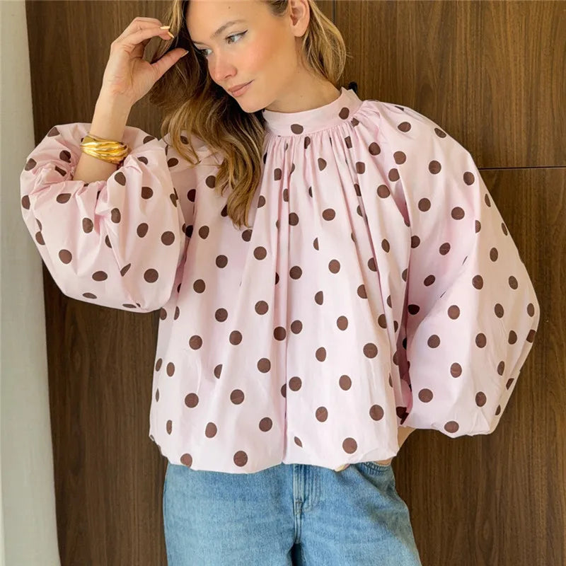 Y2K Women Polka Dot Blouse Puff Long Sleeve Stand Collar Shirt Back Bow Tie Loose Cropped Top Fall Casual Backless Shirt