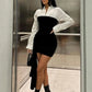 Color Blocking Dress Women Elegant Turn Down Collar Full Sleeve Ribbon Patchwork Fashion Party Club Peach Hip Bodycon
