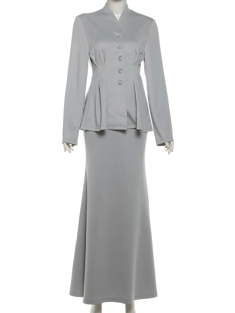 Office 2-Piece Set Women v-Neck Single-Breasted Full Sleeve Folds Hem Coats+Fishtail Skirts Elegant Simple Chic Suits