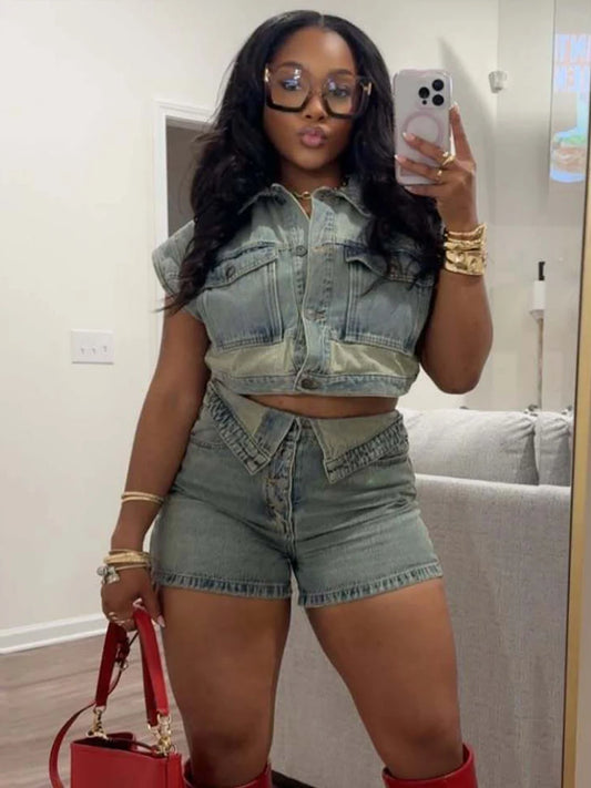 Patchwork Women 2 Piece Set Frock Tracksuit Single-Breasted Pocket Tank Tops+Lapel Short Matching Streetwear Outfits