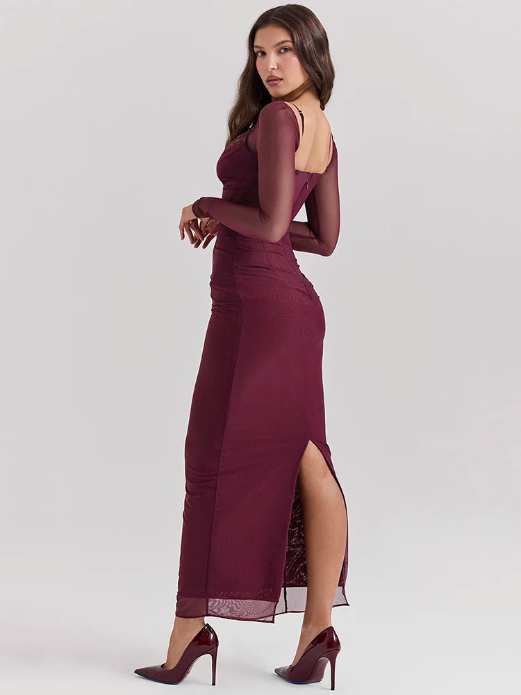 Elegant Sheer Long Sleeve Sexy Maxi Dress For Women Fashion Mesh Strapless Backless Club Party Sexy Long Dress 2024