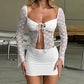 See Through Floral Lace White Long Sleeve 2 Piece Skirt Sets Women Outfit Matching Sets Mini Dress Suits