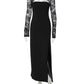 Women Lace Long Sleeve Maxi Dress Cutout Bodycon Slit Formal Evening Party Dress Black Elegant Wedding Guest Dresses