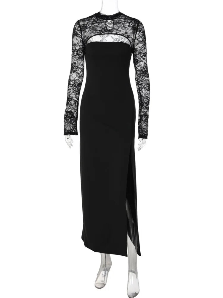 Women Lace Long Sleeve Maxi Dress Cutout Bodycon Slit Formal Evening Party Dress Black Elegant Wedding Guest Dresses
