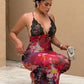 Lace Patchwork Sling Dress Woman Flower Print Low-Neck Cross Bandage Backless Summer Street Sexy Fashion Long Bodycon