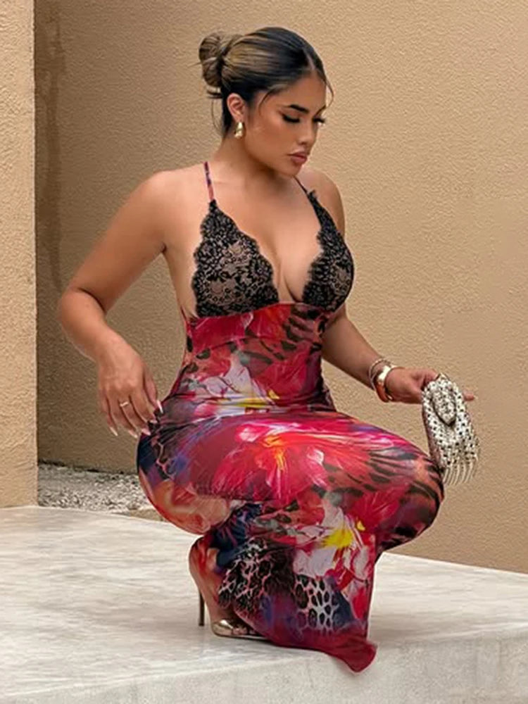 Lace Patchwork Sling Dress Woman Flower Print Low-Neck Cross Bandage Backless Summer Street Sexy Fashion Long Bodycon