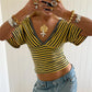 Retro Striped V Neck Crop Top Women Cross Wrap Short Sleeve T Shirt Low Back Slim Fit Striped Tee Y2K Aesthetic Outfits