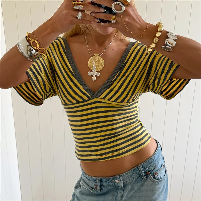 Retro Striped V Neck Crop Top Women Cross Wrap Short Sleeve T Shirt Low Back Slim Fit Striped Tee Y2K Aesthetic Outfits
