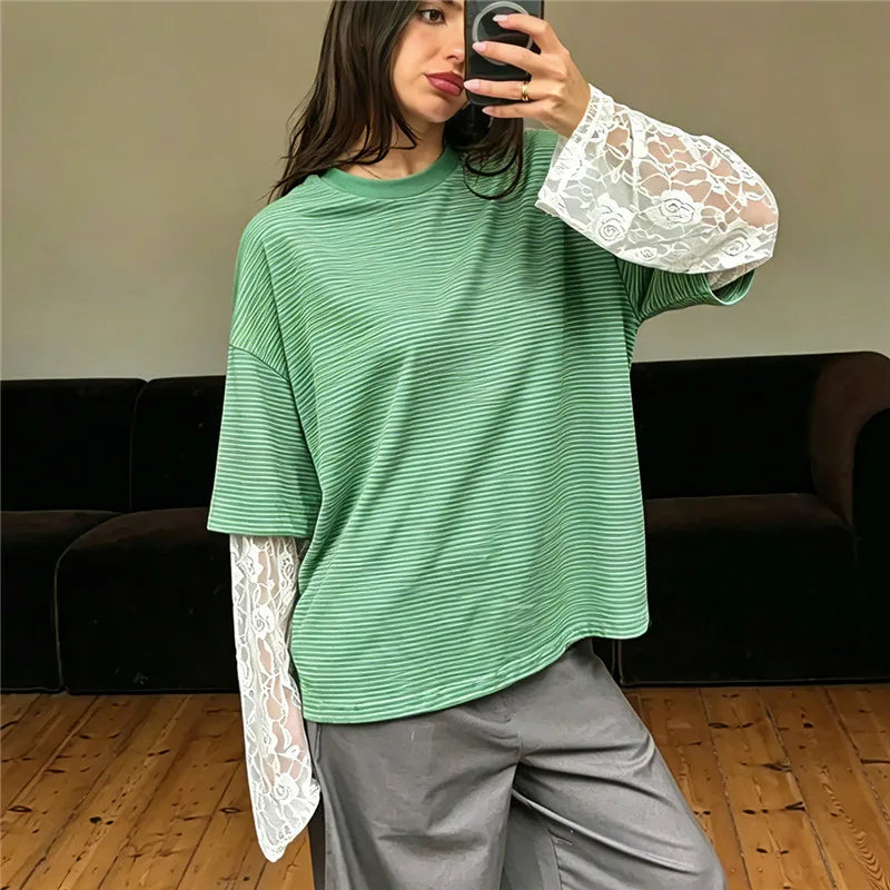 Women Fake Two Piece Striped T Shirt Oversized Short Sleeve Top Sheer Floral Lace Flare Long Sleeve Underlayer Loose Tee